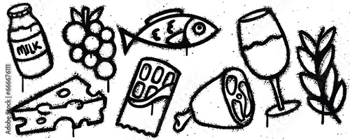 Set graffiti spray paint. Collection of milk, grape,, fish, paddy, glass, meat, chocolate, cheese Isolated Vector