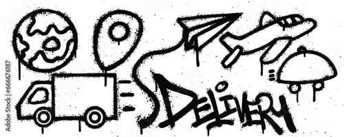 Set delivery graffiti spray paint. Collection of globe, gps, paper line, aircraft, truck Isolated Vector