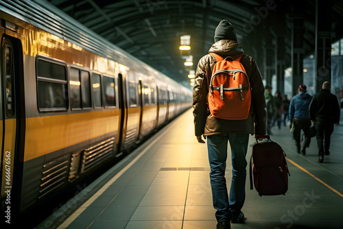 A man with a backpack walks through the train station