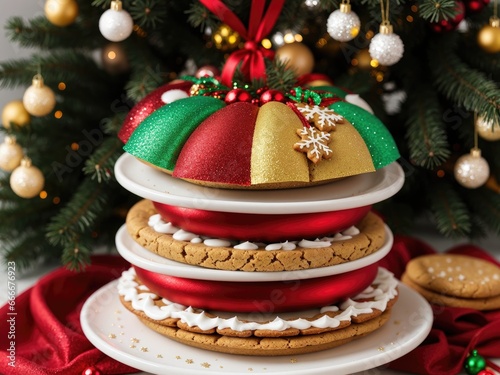 a stack of cookies decorated like a christmas hat on a plate. generative ai