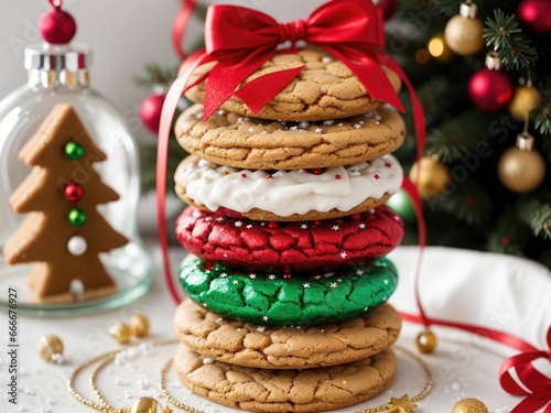  a stack of cookies with a red bow on top of it. generative ai