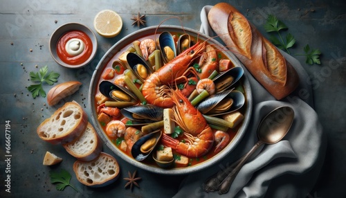A plate of Bouillabaisse, a traditional French seafood stew, served with rouille and crusty bread photo