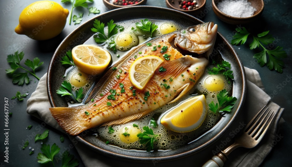 French Sole Meunière, with the fish delicately pan-fried in butter and served with a sprinkle of parsley and lemon wedges - obrazy, fototapety, plakaty 