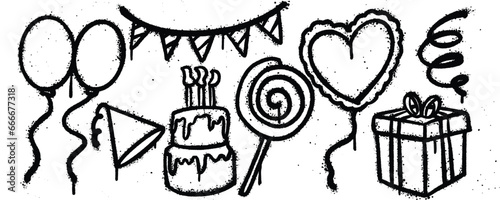 Set graffiti spray paint. Collection of balloon, party ornament, gift box, love balloon, lollypop, cake, birthday hat Isolated Vector