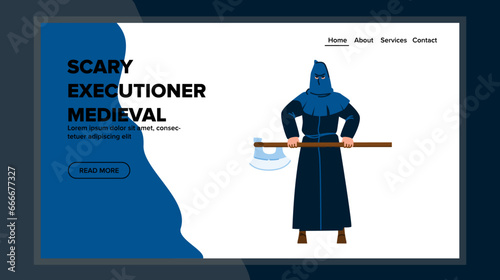 axe scary executioner medieval vector. man headsman, horror black, character mask axe scary executioner medieval web flat cartoon illustration