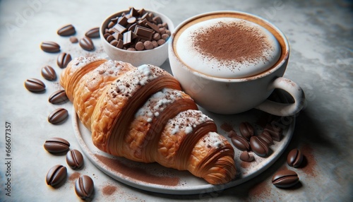 Freshly baked croissant, paired with a cup of cappuccino, topped with cocoa powder for cafe or resaurant menu or advertising photo