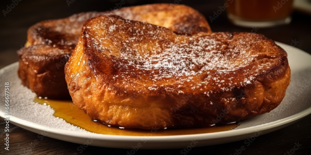 Fried French toast with honey. Dark background. Generative AI.