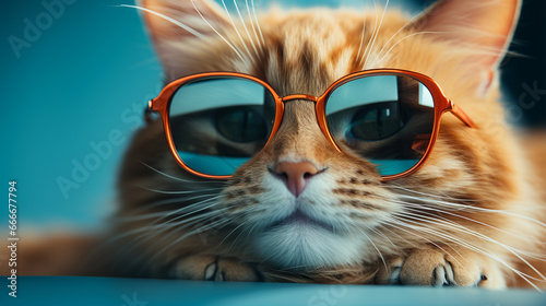 Closeup portrait of funny ginger cat wearing sunglasses isolated on light cyan. Generative AI