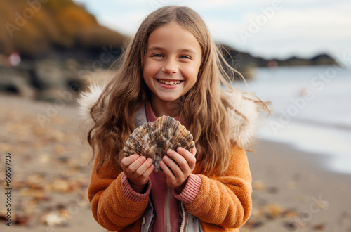 7 year old girl with long hair holds a shell to her ear, smiling on the autumn seashore photo