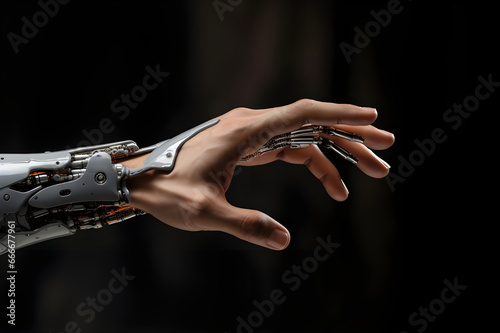 The human hand turns into a robot's hand. copy space. creative concept modern technology. generative ai