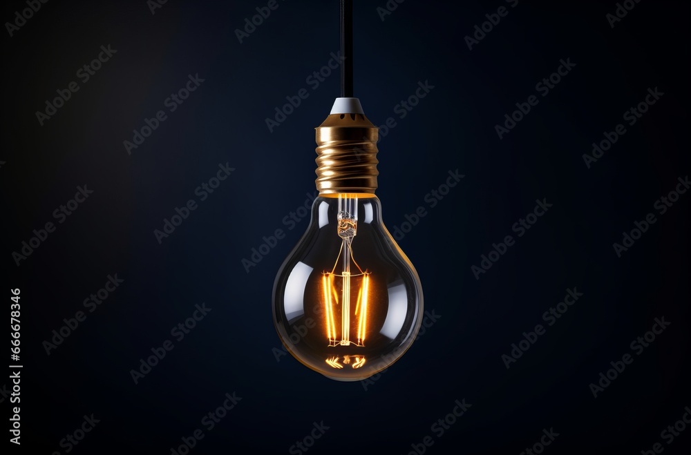 A typical light bulb hangs from the ceiling, illuminating the dark background A typical light bulb hangs from the ceiling, illuminating the dark background