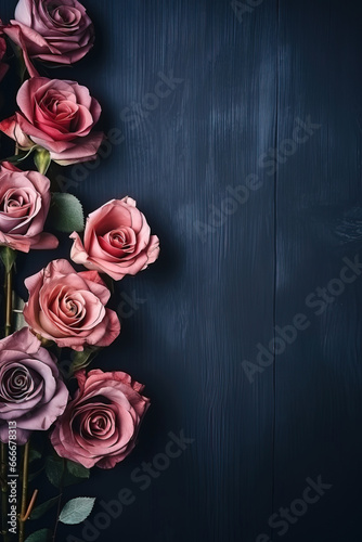 minimalist dark blue background with roses  top view with empty copy space