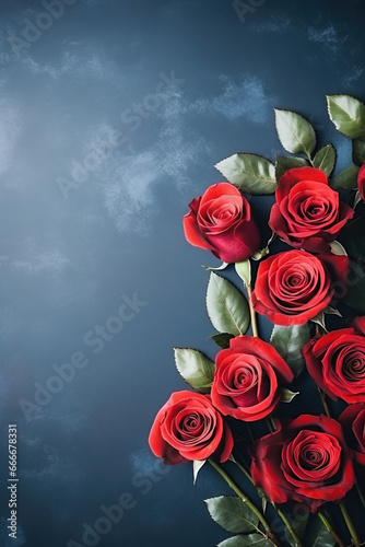 minimalist dark blue background with roses  top view with empty copy space