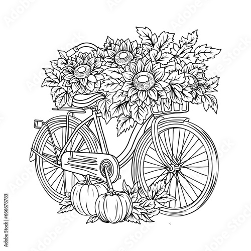 Bicycle with sunflowers. Autumn theme coloring book. Autumn linear illustration.