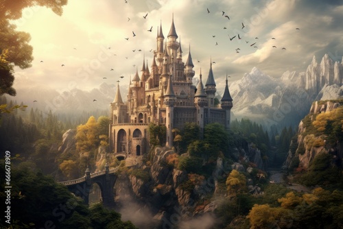 Mysterious Fairytale castle. Travel nature sky. Generate Ai photo