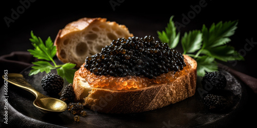 Black caviar toast on dark background. Generative AI. photo