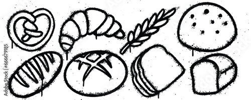 Set graffiti spray paint. Collection of pretzel, croissant, wheat, cookies, bread, slice bread, sourdough french bread Isolated Vector