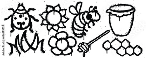 Set graffiti spray paint. Collection of lady bug, flower, bee, jar, hexagon, wooden honey, grass Isolated Vector