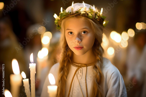 Christmas in Sweden with the traditional candlelight procession of Saint Lucy. The scene shows a girl dressed as Saint Lucia, wearing a white dress and candles on her head.  Saint Lucy's Day photo