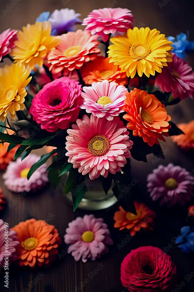 A bouquet of colorful flowers in a vase on the table. A bouquet of colorful flowers in a vase on the table.