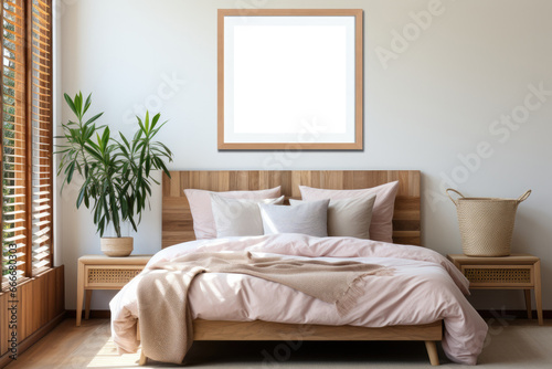 A beautiful canvas frame in bedroom room, bed room interior, Generative AI © itchaznong