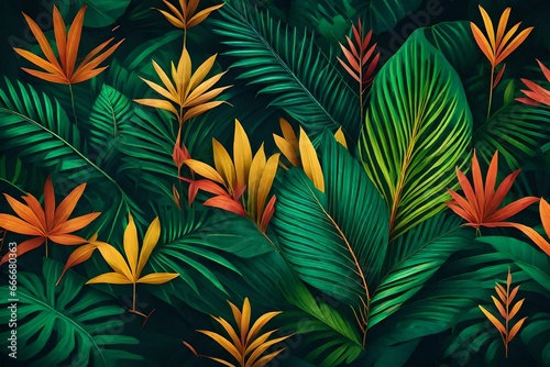 a lush and vibrant jungle background with overlapping palm fronds  and scatter colorful hibiscus flowers throughout