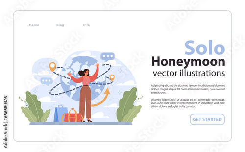 Solo travel, honeymoon web banner or landing page. Female character