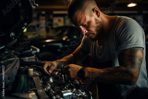Male auto mechanic fixing car in garage. Close-up.