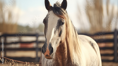 Beautiful horse in an open air paddock. Horses corral in the countryside, equestrian sport, active hobby.  photo
