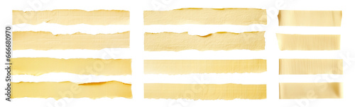 Strips of ripped yellow textured adhesive kraft paper, masking tape, Long paper tape isolated cutout on transparent background