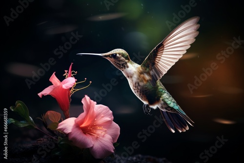 Nimble Flying hummingbird. Flower bird nature. Generate Ai photo