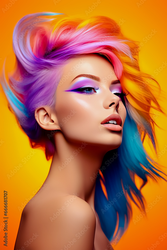 Woman's face with colorful feathers on her head and bright red and yellow background.