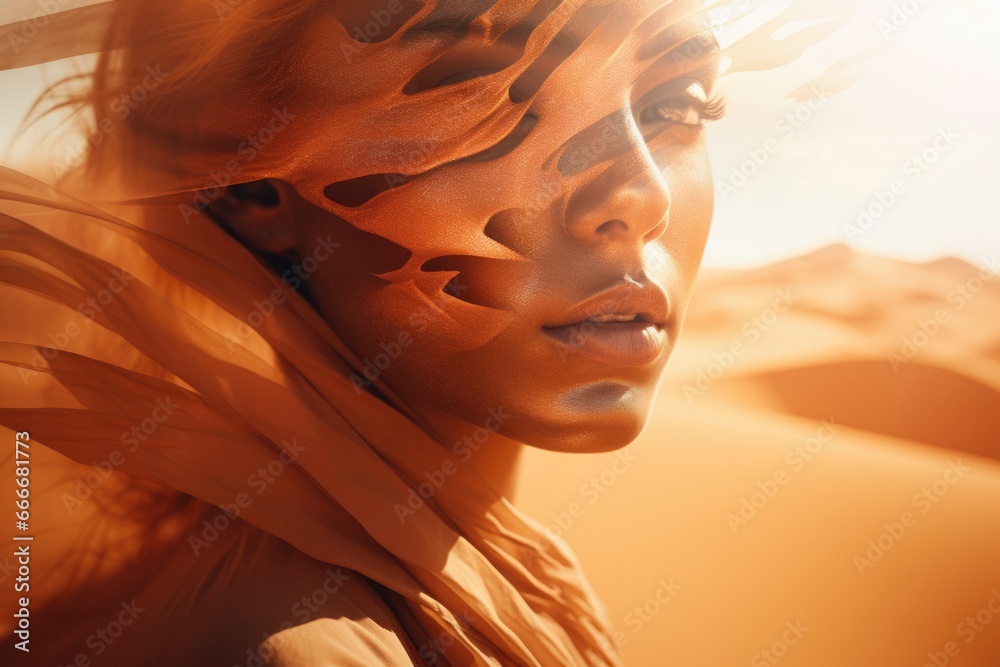 An image of a beautiful calm woman with beautiful makeup in the desert. Concept of beauty, style and tranquility - obrazy, fototapety, plakaty 