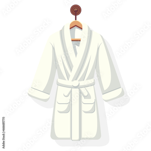 Plush white bathrobe hanging on a wall hook, flat style vector illustration, Caftan, housecoat, lounging robe, morning dress, robe de chambre, yukata, flat style stock vector image
