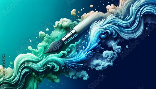 Spectacular illustration depicting a brush releasing vibrant, swirling patterns of color, representing creativity, flow, and the transformative power of art on a deep blue backdrop. photo