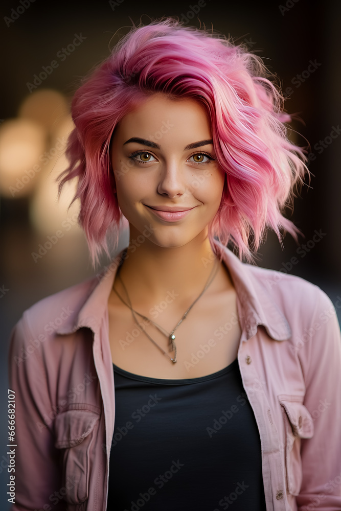 Portrait of young woman with pink hair is smiling at the camera. Portrait of young woman with pink hair is smiling at the camera.