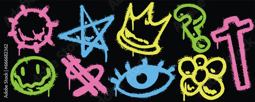 Set graffiti color spray paint. Collection of sun, star, crown, mark question, cross, flower, eye, dollar, confounded face emoticon Isolated Vector