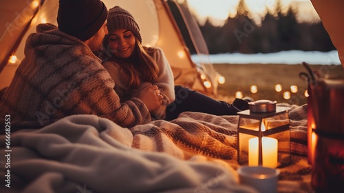 A couple is sitting under a blanket and warming their feet with woollen socks while enjoying the winter and Christmas holidays. photo