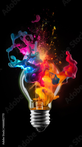 Colorful light bulb exploading portrait