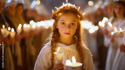 Christmas in Sweden with the traditional candlelight procession of Saint Lucy. The scene shows a girl dressed as Saint Lucia, wearing a white dress and candles on her head. Saint Lucy's Day