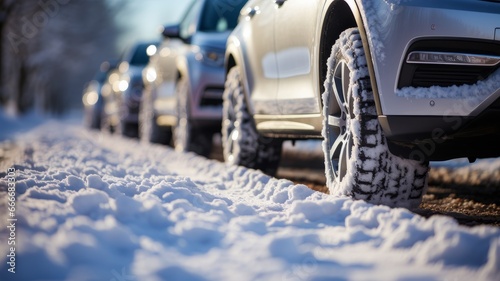 Winter driving: Icy road conditions and frosty wheels on a car