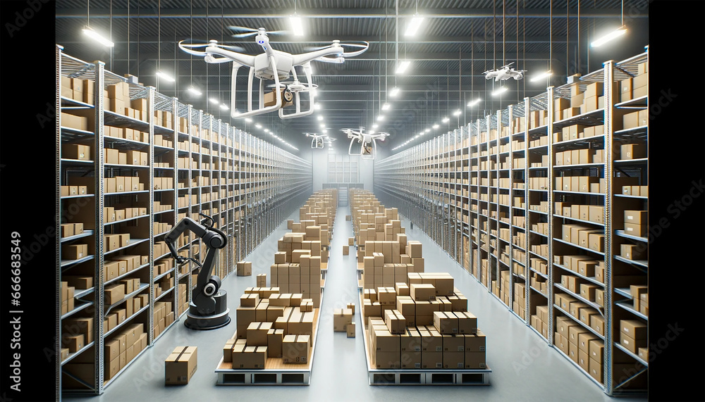 Photo of a spacious, well-lit modern warehouse with tall shelves filled with organized boxes. Advanced robotic arms move swiftly, sorting packages. - obrazy, fototapety, plakaty 