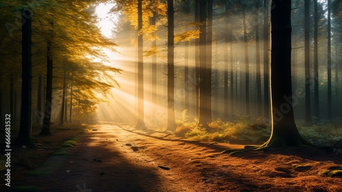 A forest in autumn that is mystical with sunbeams shining through the trees.