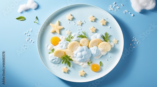 A fun food idea for kids and children is to create a breakfast plane with bananas and curd clouds on a blue plate. I imagine flying creative lunches as a future pilot.
