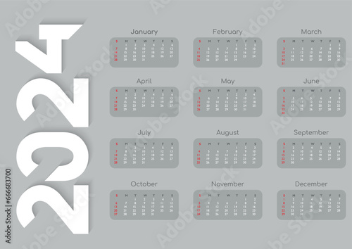 Monthly 2024 year calendar template. Wall or desk calendar in a minimalist style. Week Starts on Sunday. A3 format. Vector