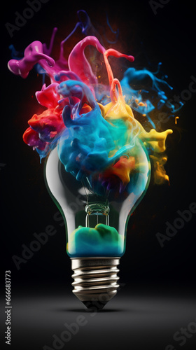 Colorful light bulb exploading portrait photo