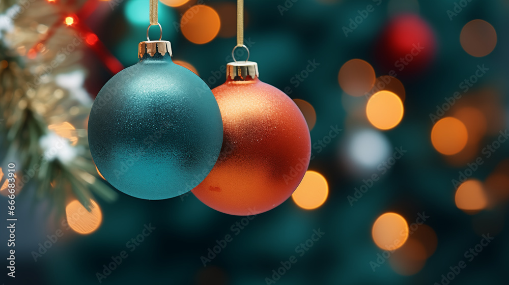 Fototapeta premium Christmas tree decoration with blurry background. Winter holidays festive background. 