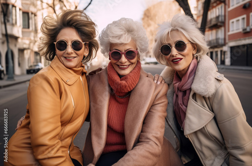 Three stylish elderly women in Madrid  wearing expensive clothes and trendy hairstyles  caught in a funny mishap