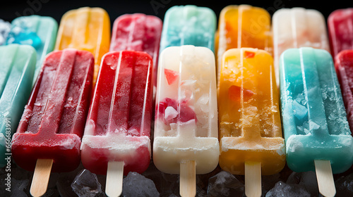 A colorful and delicious stack of ice-cold popsicles in a palette of irresistible flavors. A variety of colorful ice pops in a visual and gustatory celebration of diversity. photo