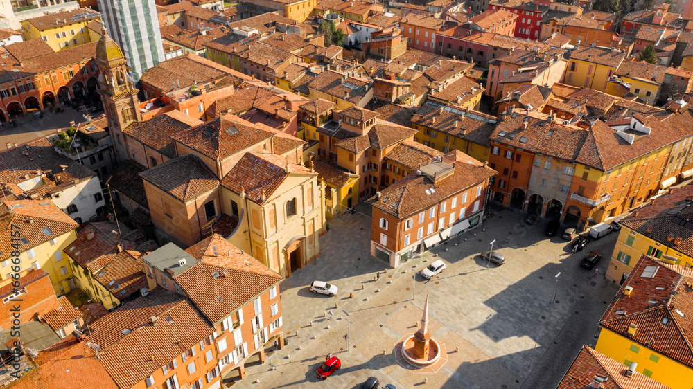 Obraz premium Aerial view of the Cathedral of San Giorgio, also called Duomo, in the historic center of Sassuolo, Emilia Romagna Italy. It's the main church of the city and dedicated to the patron saint of the city